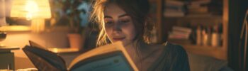 Biography and Truth: A young woman with her hair in a messy bun reads a book in a cozy, dimly lit room