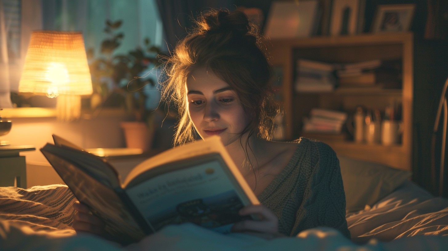 Biography and Truth: A young woman with her hair in a messy bun reads a book in a cozy, dimly lit room