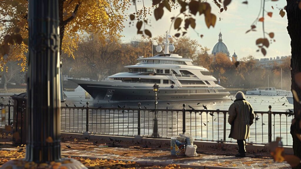 Climate change and Hypocrisy: a large luxury yacht docked in a scenic river, with autumn leaves on the ground and a person in a coat standing by a railing, looking at the yacht. In the background, there are trees with fall foliage and a dome-shaped building.