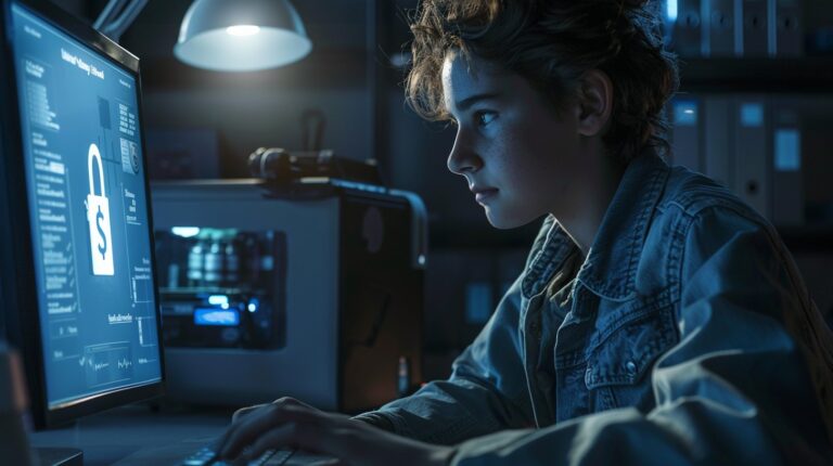 Paywall: a young scientist in front of a computer with information blocked.