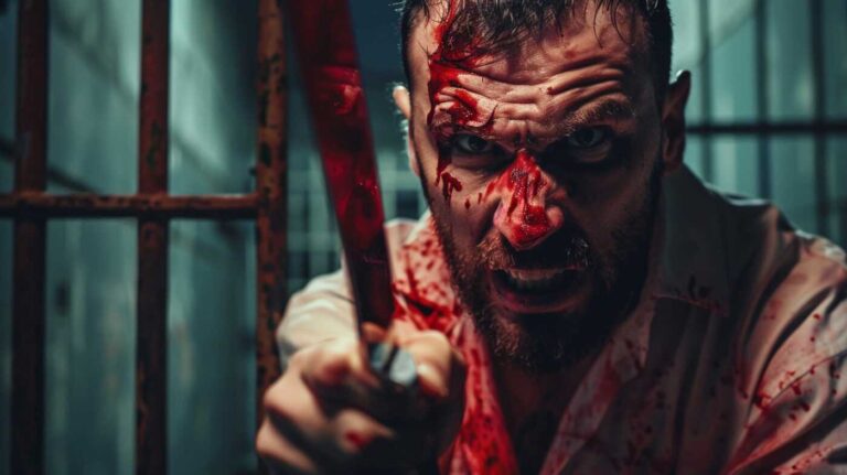 Psychopaths and Crime: a violent prisoner with blood on his face and clothes holding a sharp knife. Prison bars in the background.