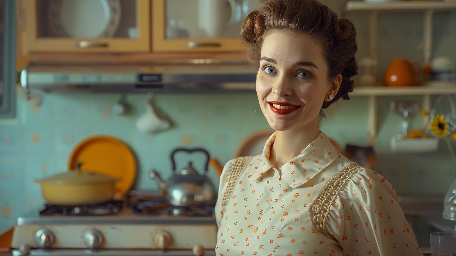 Rise of the Trad Wife: a traditional wife in a 1950s kitchen