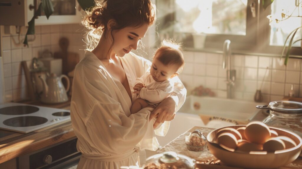 Rise of the Trad Wife: a young woman in white robe is standing in the kitchen and holding a baby in her arms