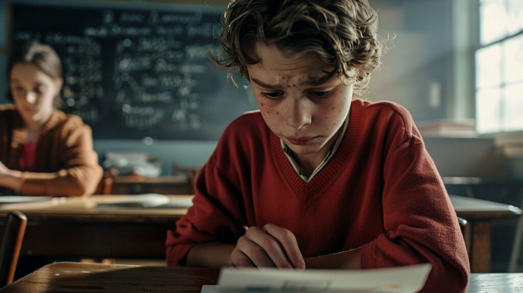 School without grades: a distressed young boy is looking at a test paper.