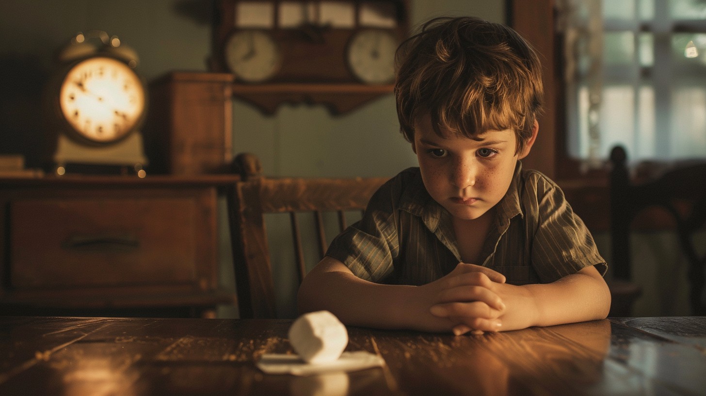 Success in life: a young boy contemplates whether to eat a marshmallow or not during the Marshmallow Test