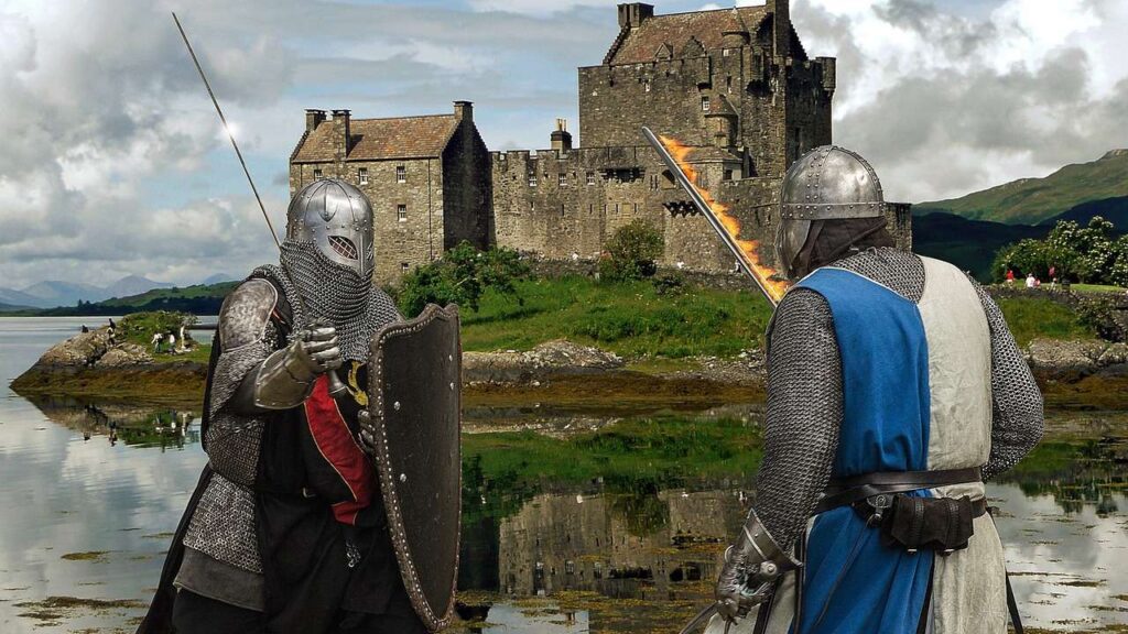 Honor Code: Two knights in full armor, engaged in a sword fight with a medieval castle in the background.