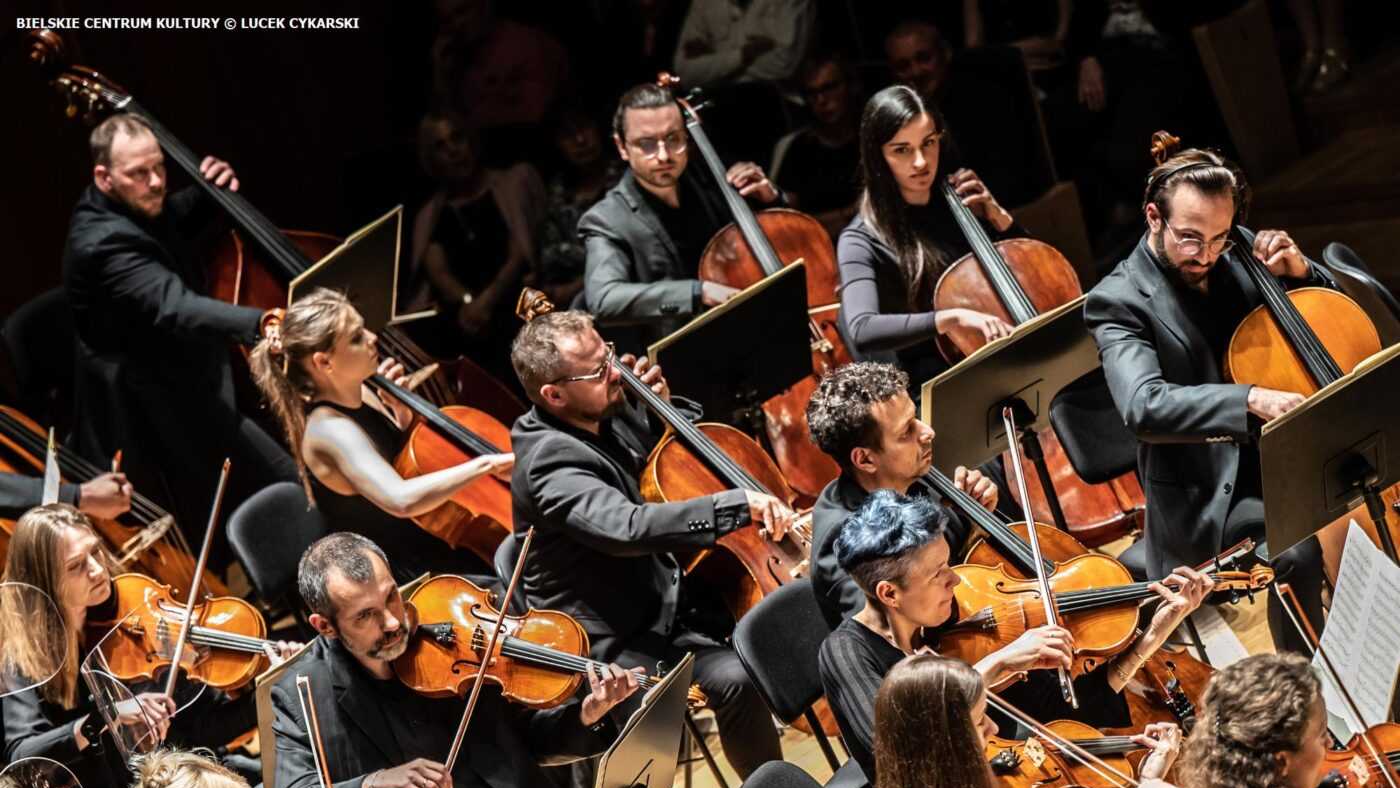 Private Orchestra in Poland: String musicians of the orchestra perform with intense focus during a concert, each deeply engaged with their instruments.