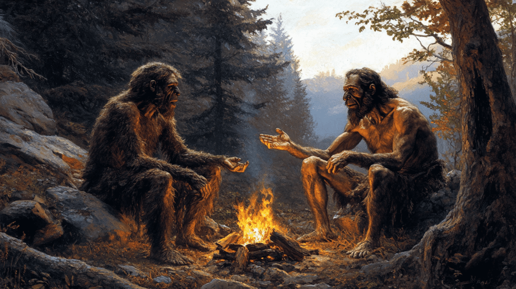 Homo Sapiens: Two Ancient People by a Campfire