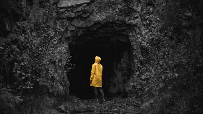 The Disenchanted World: A person in a bright yellow raincoat stands at the entrance of a dark cave surrounded by rocky cliffs and forest vegetation