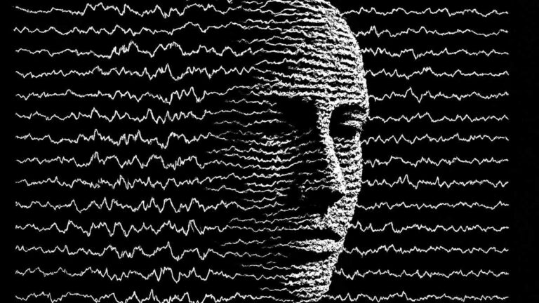 Brainwaves in motion: a human face made of waves.