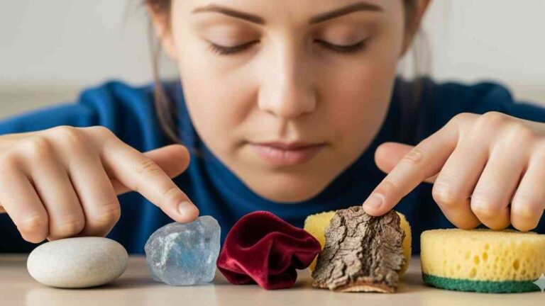 How the brain ages: a woman with closed eyes touches objects on a table. Photo by Patrycja Krzeszowska / Gemini