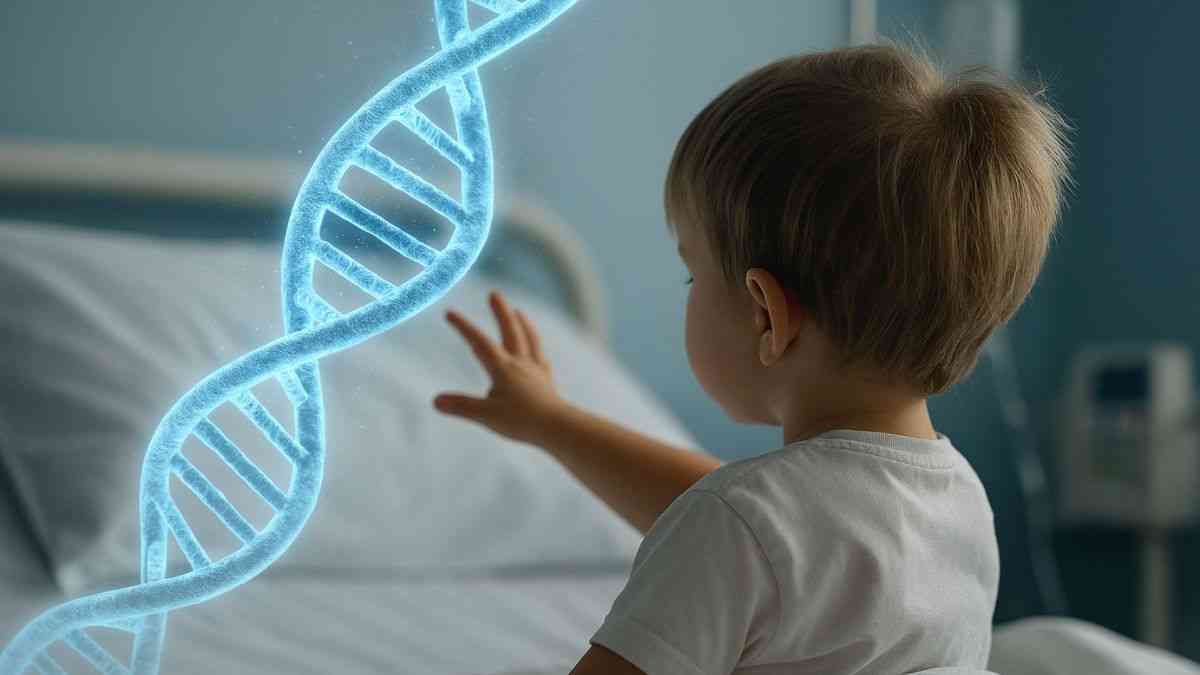 ChatGPT powiedział: Muscle dysfunction treatment: A child sits with their back turned on a hospital bed, reaching toward a DNA spiral. Photo: Maciej Bartusik / Copilot AI