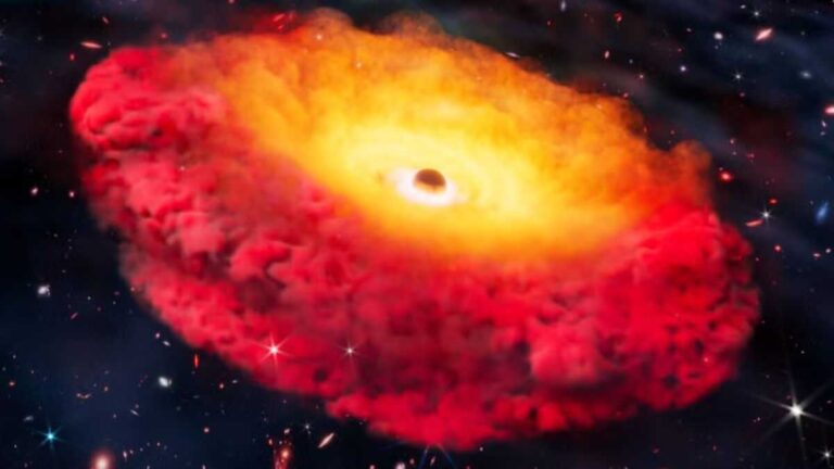 Oldest black hole: visualization of a black hole in the CAPERS-LRD-z9 galaxy. Photo by Erik Zumalt, The University of Texas at Austin