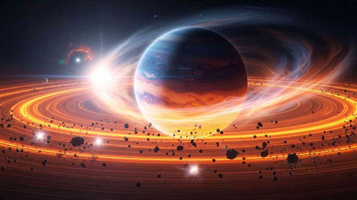 Planet Birth: A gas giant orbiting within a cloud of cosmic dust. Photo: Gemini AI