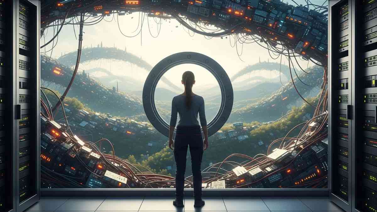 What dangers does AI pose: A woman stands in a server room and looks out at a landscape devastated by a biocybernetic apocalypse. Photo by Gemini AI.