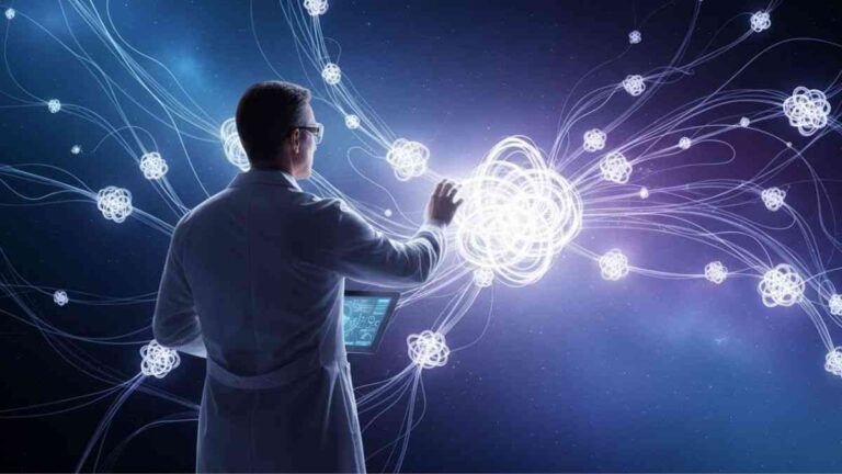Crystals of light: a man in a lab coat stands in front of light beams tied into a knot. Fot. Gemini AI