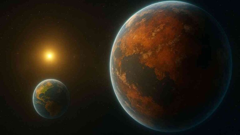 Earth-like planet: Visualization of a planet that could support life, with Earth and a star in the background. Photo Maciej Bartusik / Copilot AI
