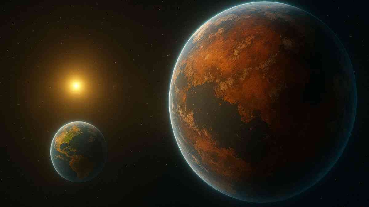Earth-like planet: Visualization of a planet that could support life, with Earth and a star in the background. Photo Maciej Bartusik / Copilot AI
