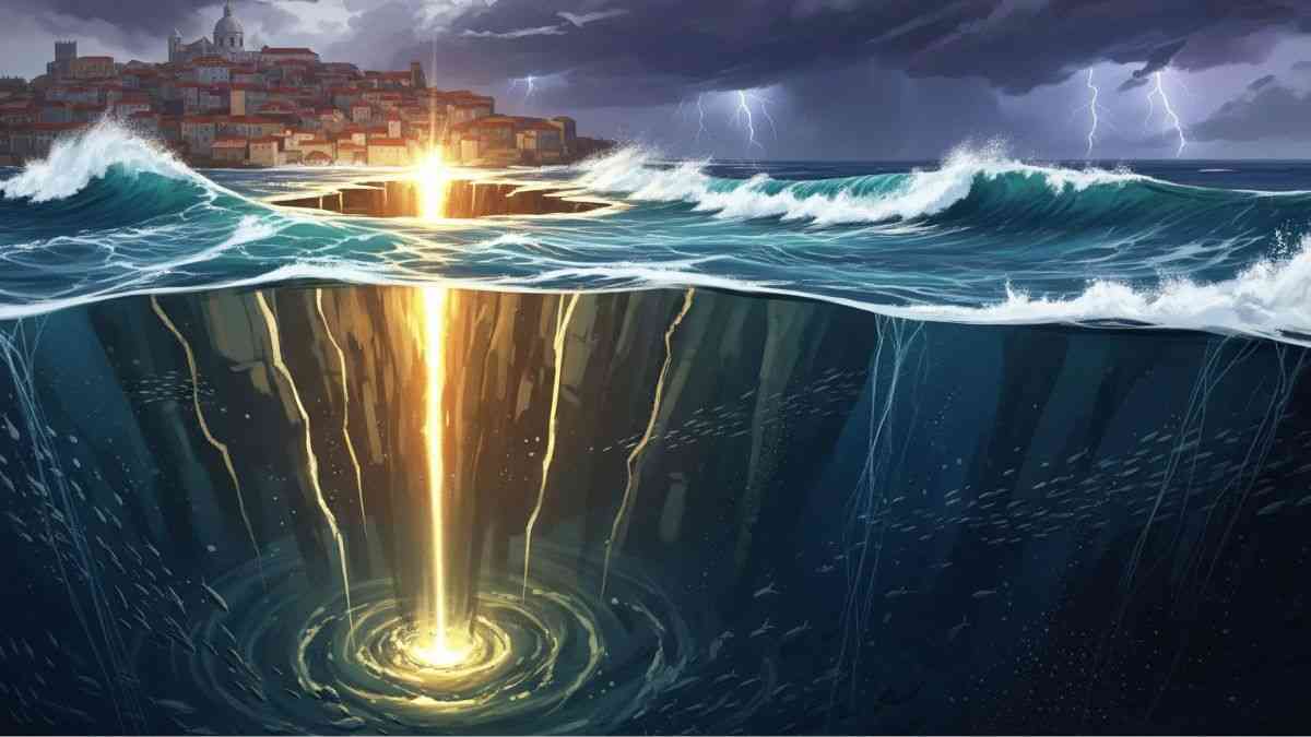 Earthquake in Lisbon: Tectonic movements beneath the ocean, with a coastal city in the background. Photo: Maciej Bartusik / Gemini AI