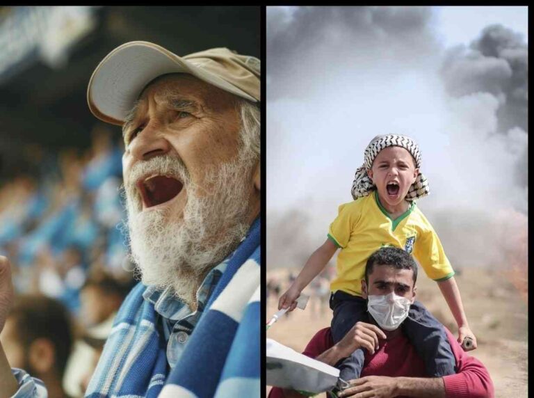 Sports and Politics. Fans in Israel and the war in the Gaza Strip. AI-generated and hosnysalah/Pixabay photo collage.