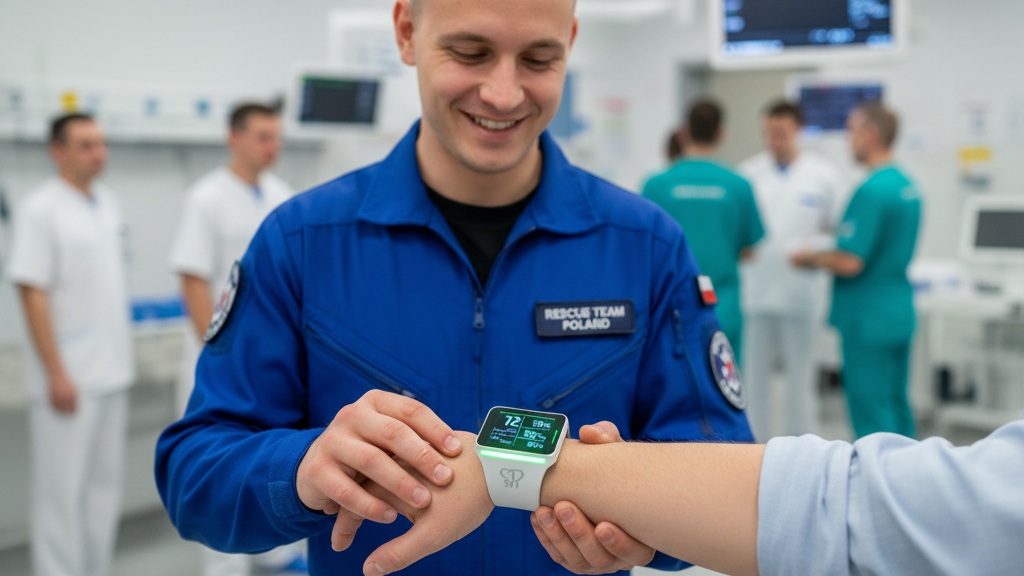 Smart triage wristband monitoring a patient’s vital signs; low-cost, student-designed medical device. Credit: Przemysław Kołodziej/Gemini.