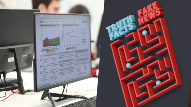 Data manipulation: Computer screen displaying charts and graphs, next to a graphic about manipulation and disinformation. Photo: Anastassia Anufrieva / Unsplash, hartonocreativestudio/Pixabay.