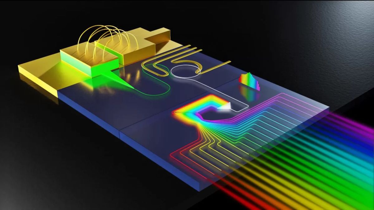The world's most powerful laser: This schematic illustration depicts a diffractive element in a high-power microcomb source, which separates the comb lines spectrally. Photo: Michal Lipson lab / Columbia Engineering.