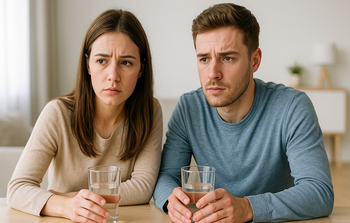 Young couple holding drinks, pensive—symbolising research into dementia causes and lifestyle effects on brain health; moderate drinking dementia risk.