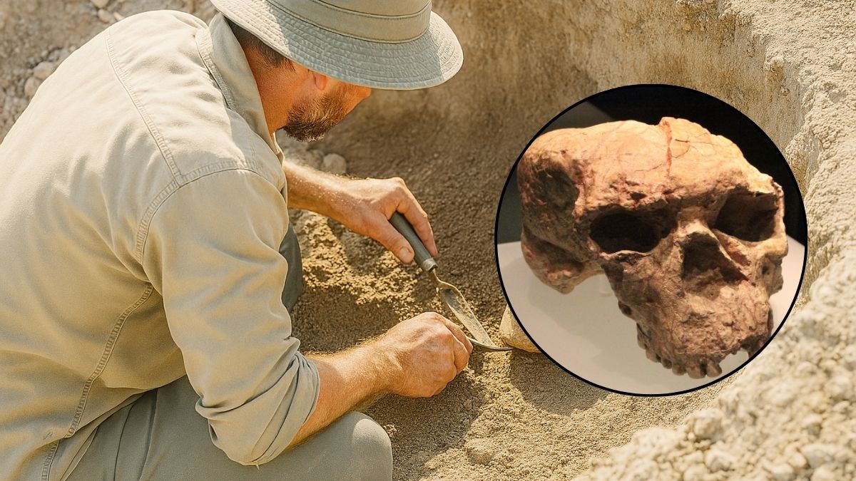 When did human evolution begin: an archaeologist unearths human remains, with the Yunxian 2 skull circled beside them. Photo: Maciej Bartusik / Copilot AI, Gary Todd / Wikimedia (CC0).