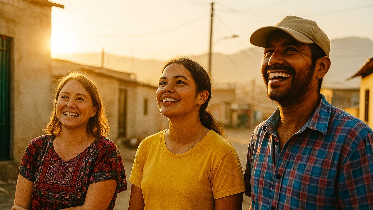 Where does optimism come from: Two women and a man stand in a run-down-looking city, smiling. Photo: Maciej Bartusik / Copilot AI.