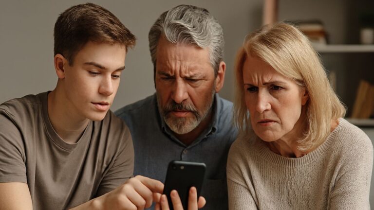Teens online: A teen boy shows an older couple something on a phone. Photo: Maciej Bartusik / Copilot AI