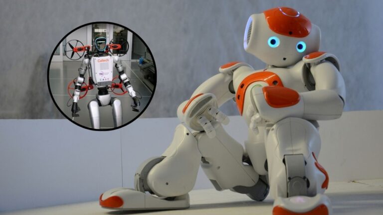 Robot and Drone: A white and orange robot sits on the ground. Next to it in a circle is the G1 robot with the M4 drone attached to its back. Photo by Erhan Astam / Unsplash, Caltech.