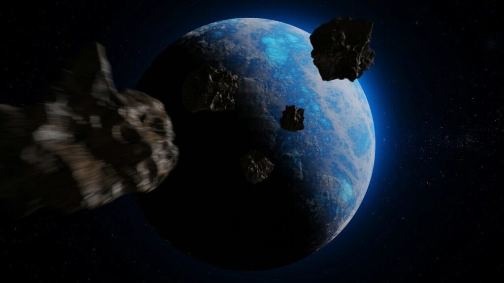 The illustration features a section of an asteroid belt hurtling toward a blue and black planet. This image evokes an apocalyptic fear by demonstrating the sheer scale of the potential cosmic threat that could appear suddenly and without warning. The dynamic motion of the rocks underscores the chaos and unpredictability of the situation, highlighting the varied human reactions and psychological postures that may emerge when the vision of a catastrophe becomes real.