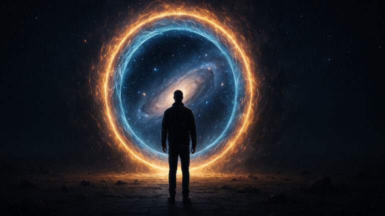 A man stands before a bright portal leading into space, symbolising future technologies, the possibility of interstellar travel, and scientists' research into eternal youth.