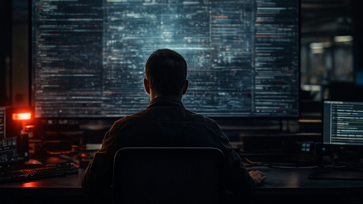 A man sits in a dark control room in front of a large screen displaying red system alerts and lines of code. The tense atmosphere suggests a possible AI revolt or an issue with shutting down AI models.