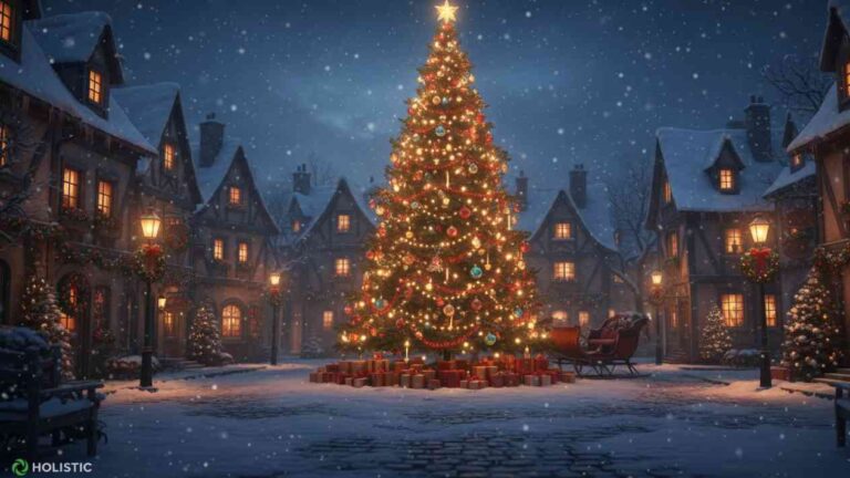 A lit-up Christmas tree on a quiet winter square on Christmas Eve. The festive lights and warm atmosphere capture the spirit of Christmas 2025 – a time of hope, reflection, and a moment of respite in troubled times.