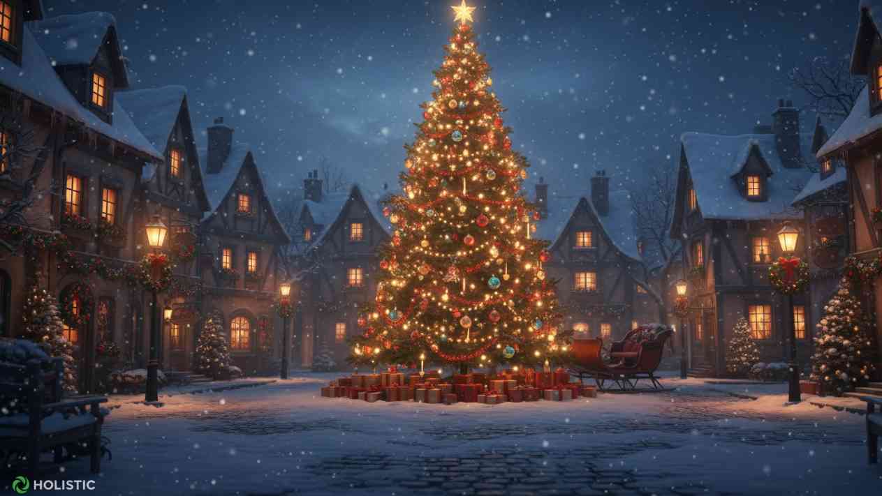 A lit-up Christmas tree on a quiet winter square on Christmas Eve. The festive lights and warm atmosphere capture the spirit of Christmas 2025 – a time of hope, reflection, and a moment of respite in troubled times.