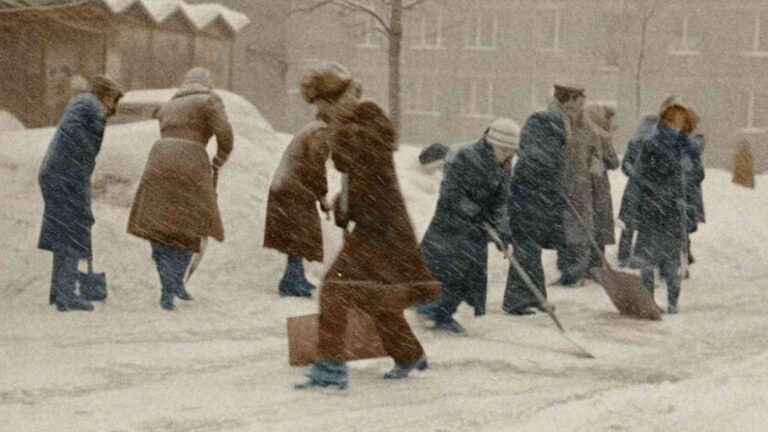 Daily life in the PRL during winter. Residents of a Polish city clearing snow from the street – an image of everyday life in People's Poland that is difficult to reconcile with today's nostalgic legend of that era.