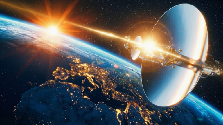 An orbital mirror reflects artificial light from space onto the nocturnal Earth.