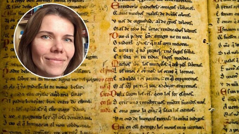 The origin of languages: pages of an old incunable in the background, with a photo of Prof. Aneta Wysocka in the left corner.