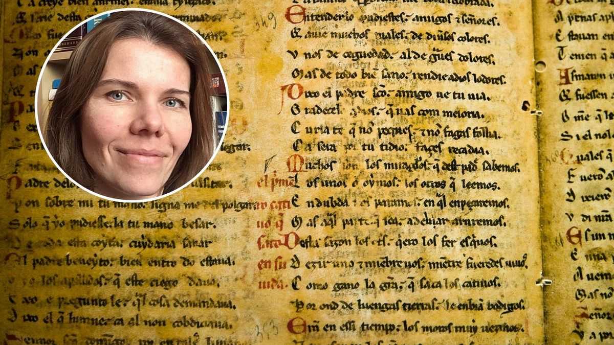 The origin of languages: pages of an old incunable in the background, with a photo of Prof. Aneta Wysocka in the left corner.