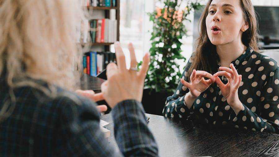 The origin of languages: two women communicating using sign language.