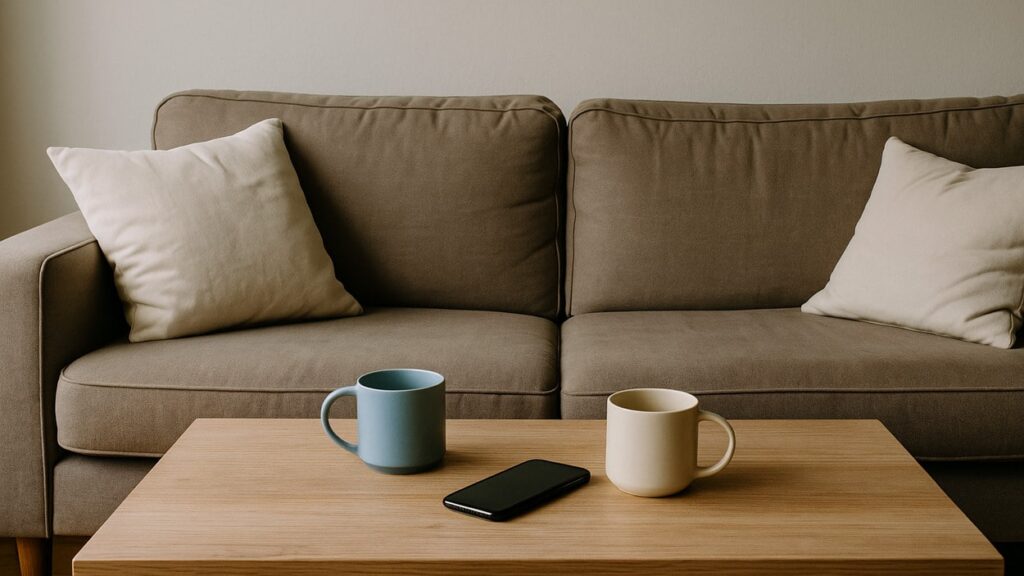 Two cups on a table and a phone instead of conversation serve as a visual metaphor for modern relationships. We are physically close, yet emotionally distant, as we increasingly choose a situationship over true intimacy.
