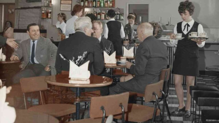 Life in the former Eastern Bloc – a 1970s cafe interior, capturing the daily life in the former Eastern Bloc and social gatherings around the tables.