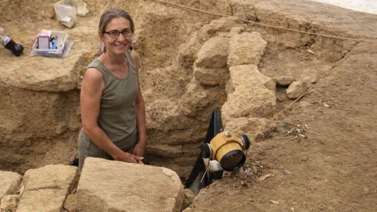 The Pylos Combat Griffin tomb reveals the ancient world. Pictured: a researcher posing inside the archaeological excavation.