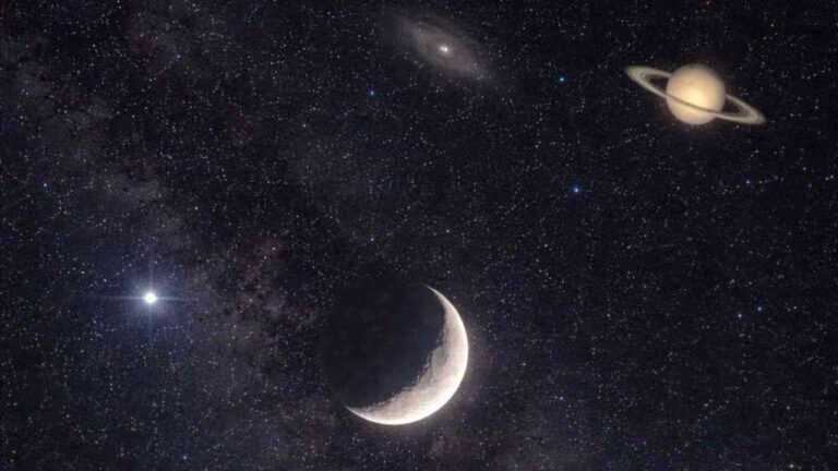 A night sky with the Moon, Saturn, and stars — stargazing in March is a warm-up for the astronomical highlights of the months ahead.