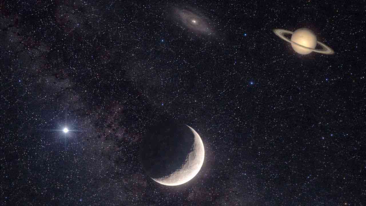 A night sky with the Moon, Saturn, and stars — stargazing in March is a warm-up for the astronomical highlights of the months ahead.