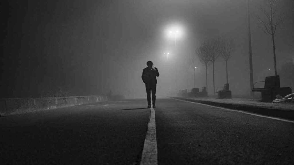 A photograph depicting a solitary silhouette of a person walking down a road in the fog—a visual metaphor for questions about the nature of time, its direction, and the limits of human perception.