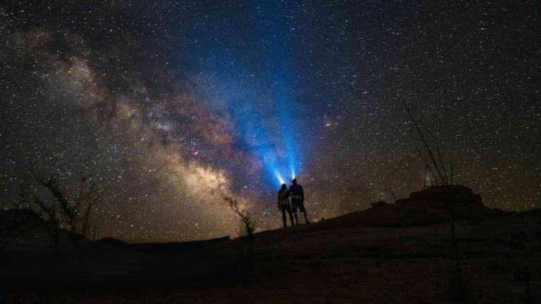 People with flashlights looking up at the stars.