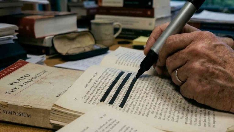 A close-up of a hand censoring passages from Plato’s Symposium with a black marker, illustrating censorship at universities.